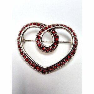 Napier Vintage Heart Brooch Valentine's Red Rhinestones Silver Tone 1.5”  Boxed